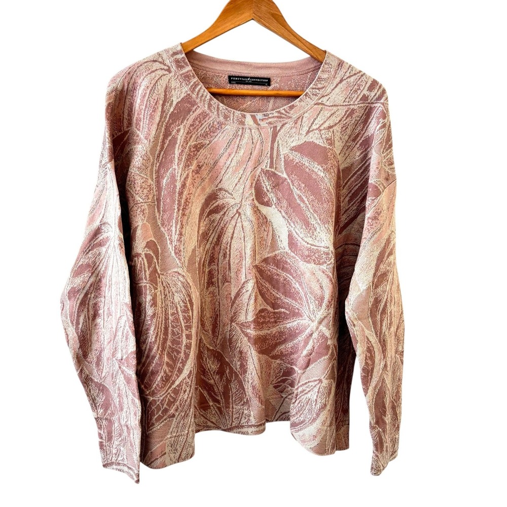Peruvian Connection 100% Pima Cotton Sweater Womens XL Pink Leaf Print